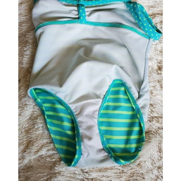 Girl's Xhilaration Neon GreenTurquoise Striped Summer Swimsuit Size XS 4-5 - Picture 3 of 4